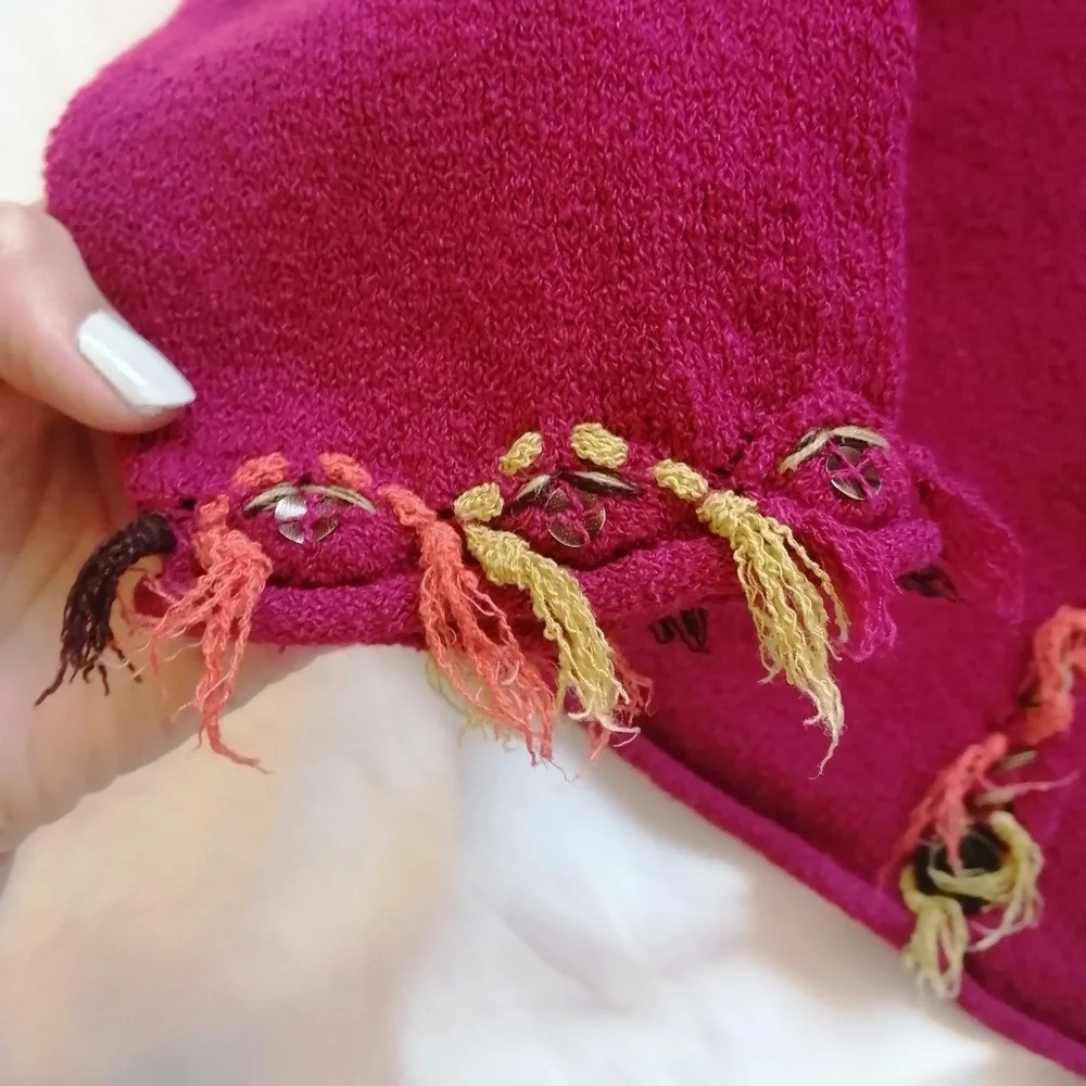Susan Bristol Y2K Vintage Hand Embroidered Pink Button Up Fringe Cardigan Medium - Picture 5 of 12